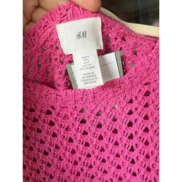 H&M crochet top Pointelle-knit blouse short flutter sleeves scalloped - Picture 5 of 7